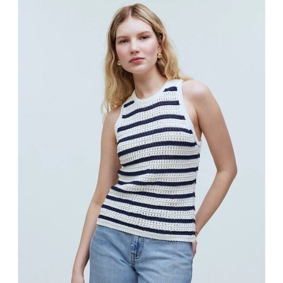 Madewell Crochet-Knit Crewneck Sweater Tank In Bright Ivory Navy Size Small - Picture 1 of 6